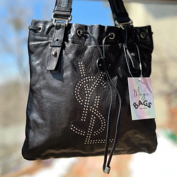 YSL: Studded Drawstring Leather Kahala Tote Bag - Picture 6 of 17